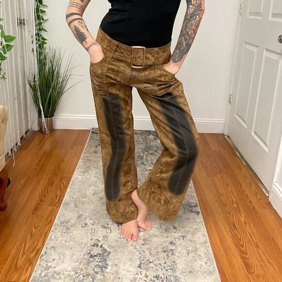 Y2K Melrose Relaxed Fit Mid Rise Camo Flare Pants Belted Waist Size 32 Brown - Picture 2 of 7
